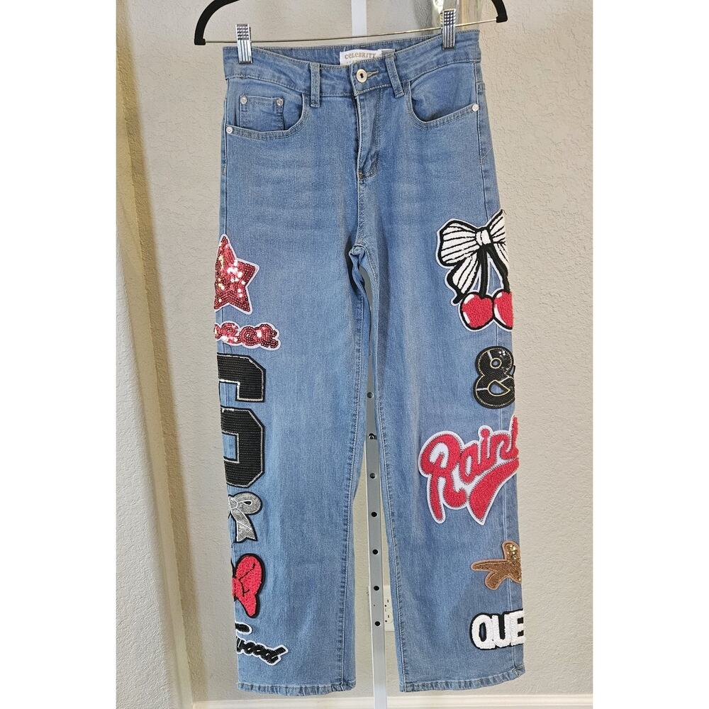 Celebrity Ace Patch Jeans sz 5/27 | Wide Leg Light Wash Sequin Graphic...